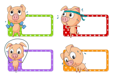 Label design with pig exercising illustrationのイラスト素材