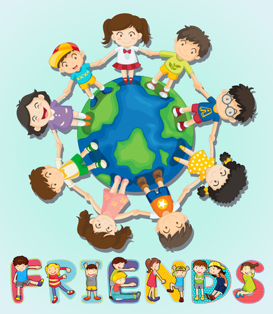 Boys and girls standing around the world illustrationのイラスト素材