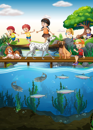 Boys and girls crossing the river illustrationのイラスト素材