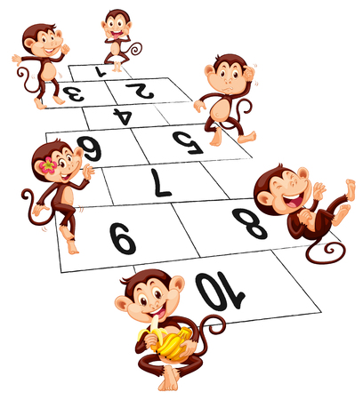 Six monkeys playing hopscotch illustrationのイラスト素材