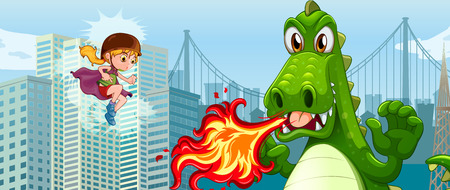 Superhero fighting green dragon in city illustrationのイラスト素材