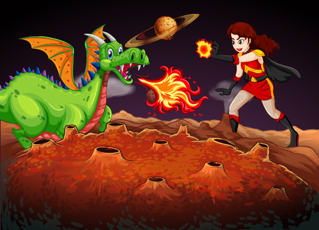 Superhero fighting dragon on red planet illustrationのイラスト素材