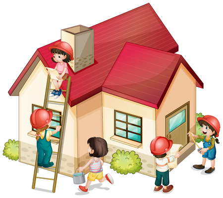 Many children constructing the house illustrationのイラスト素材