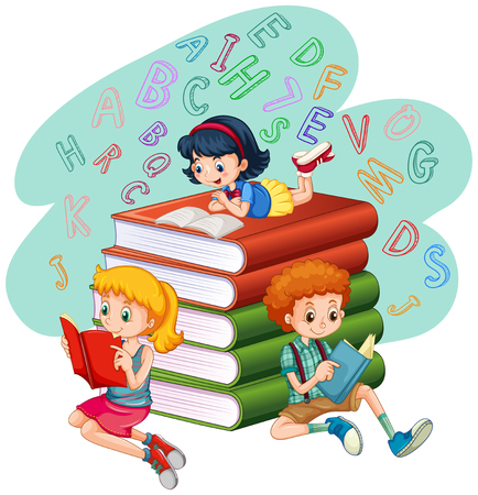 Three kids reading books illustrationのイラスト素材