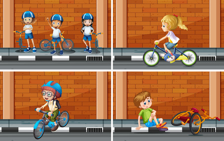 Scenes with kids on bike illustrationのイラスト素材