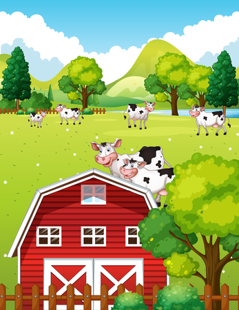 Farm scene with cows and barn illustrationのイラスト素材