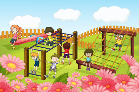 Children playing in the playground illustrationのイラスト素材