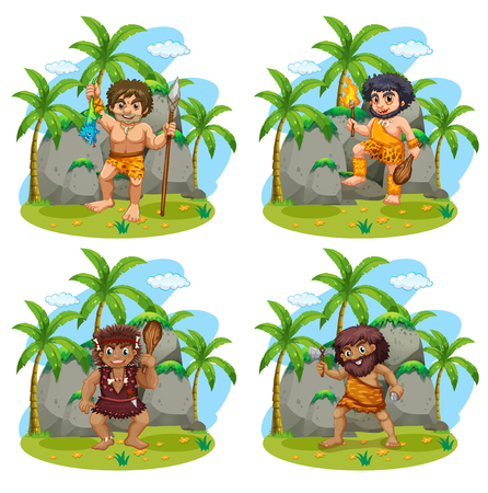 Many cavemen with different weapons illustrationのイラスト素材