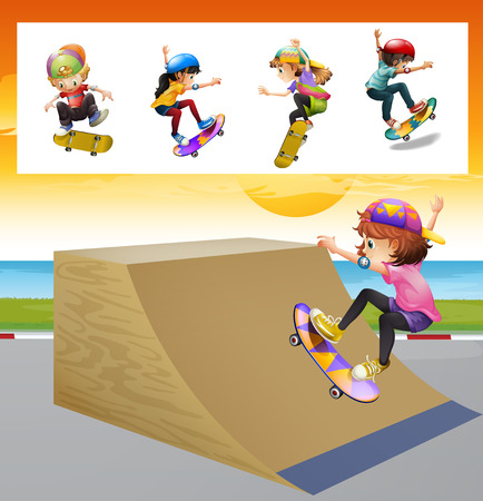 Kids playing skatboard on the ramp illustrationのイラスト素材