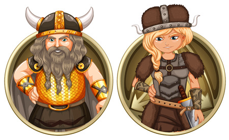 Viking male and female on round badge illustrationのイラスト素材
