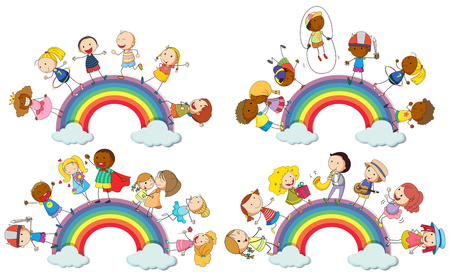 Kids standing on rainbow illustrationのイラスト素材