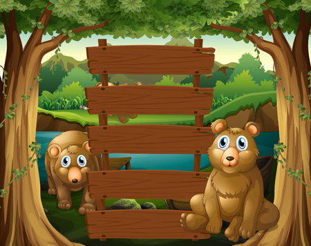 Wooden sign and bears in the woods illustrationのイラスト素材