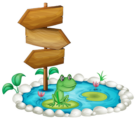 Frog and wooden sign at the pond illustrationのイラスト素材