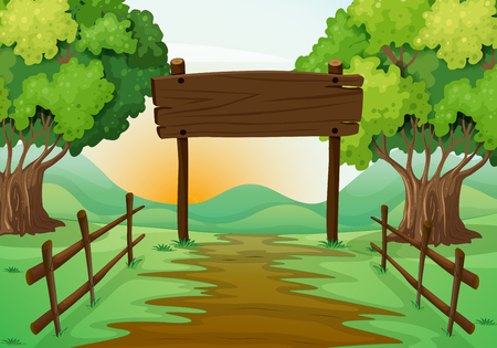 Scene with field and wooden sign illustrationのイラスト素材