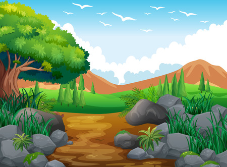 Nature scene with hills and trail illustrationのイラスト素材