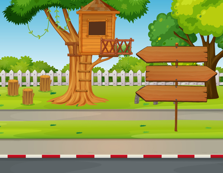 Treehouse and signs in the park illustrationのイラスト素材