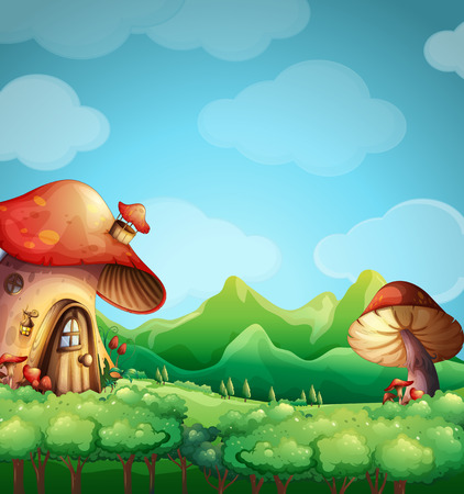 Scene with mushroom house in the field illustrationのイラスト素材