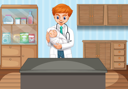 Doctor holding baby in clinic illustrationのイラスト素材
