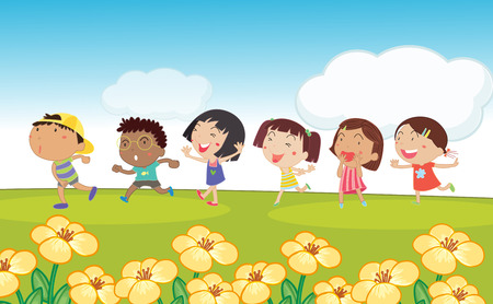Many kids running around the park illustrationのイラスト素材