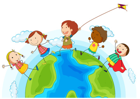 Kids running around the world illustrationのイラスト素材