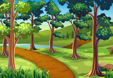Scene with hiking trail in the woods illustrationのイラスト素材