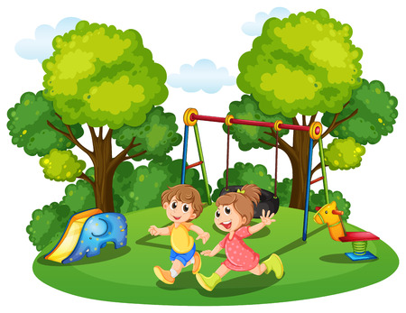 Two kids running in the park illustrationのイラスト素材
