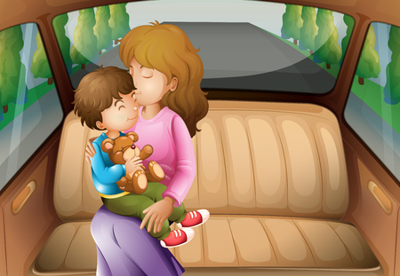 Boy and mother in back seat  illustrationのイラスト素材