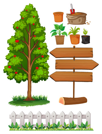 Gardening items with tree and fence illustrationのイラスト素材