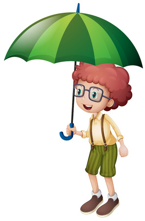 Little boy and green umbrella illustrationのイラスト素材