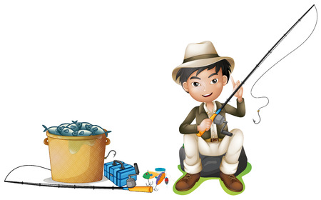 Man with fishing pole and bucket of fish illustrationのイラスト素材
