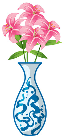 Pink lily flowers in the ceramic vase illustrationのイラスト素材