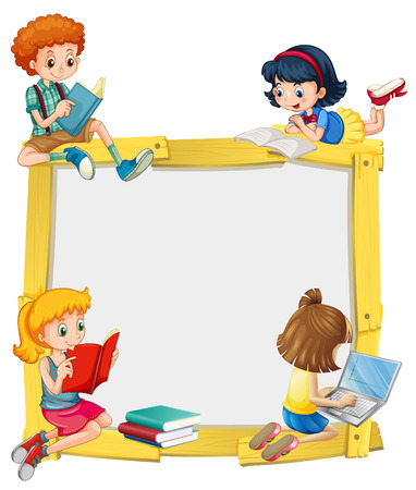 Border design with kids reading and doing homework illustrationのイラスト素材
