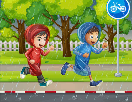 Two boys in raincoat running on pavement illustrationのイラスト素材