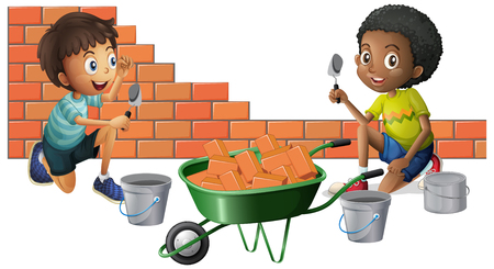 Two boys building bricks together illustrationのイラスト素材
