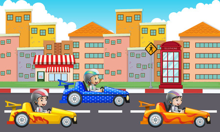 Three children driving racing cars on road illustrationのイラスト素材
