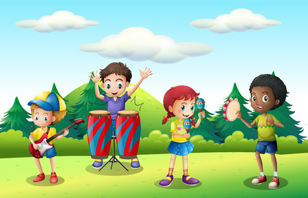Children playing music in the park illustrationのイラスト素材