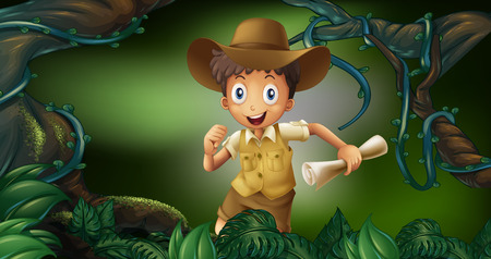 Little boy holding map in the woods illustrationのイラスト素材