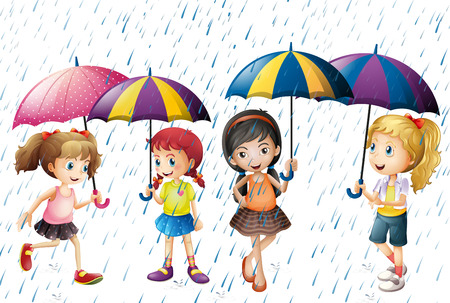 Four kids with umbrella being in the rain illustrationのイラスト素材