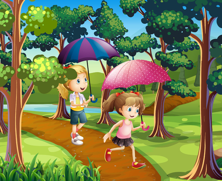 Two girls walking in the forest illustrationのイラスト素材
