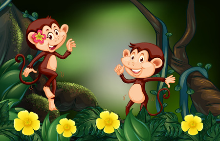 Two monkeys in rain forest illustrationのイラスト素材
