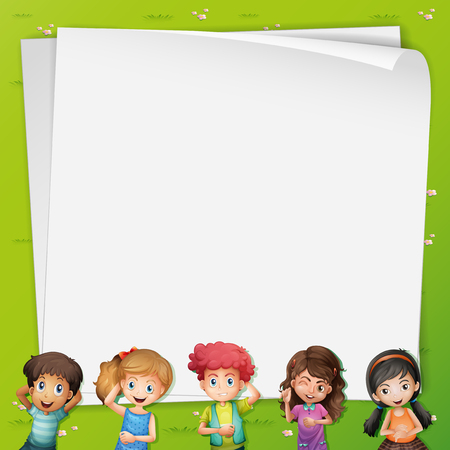 Paper template with kids lying down on grass illustrationのイラスト素材