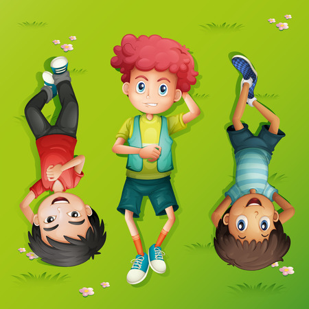 Three kids lying on the lawn illustrationのイラスト素材