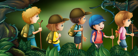Five kids hiking in the woods illustrationのイラスト素材