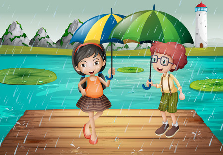 Kids being in the rain  illustrationのイラスト素材
