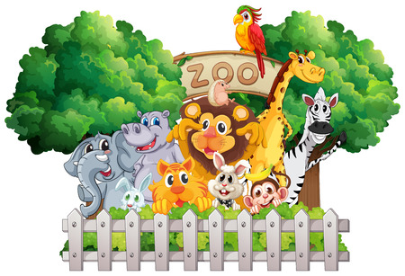 Scene with zoo animals and sign illustrationのイラスト素材