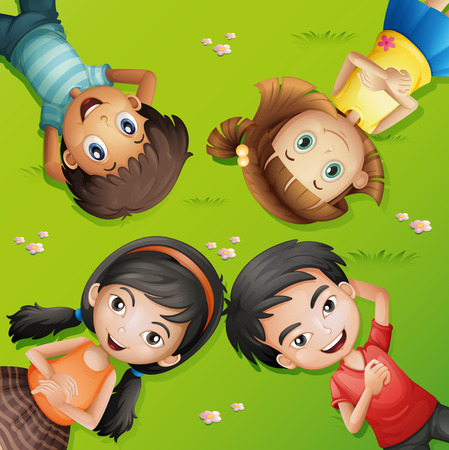 Four children lying on green grass illustrationのイラスト素材