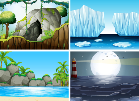 Four different scenes with ocean and moutain illustrationのイラスト素材
