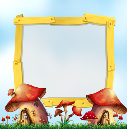 Wooden frame with mushroom houses in garden illustrationのイラスト素材
