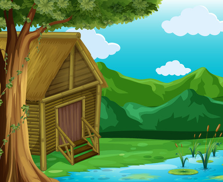 Wooden cabin by the river illustrationのイラスト素材