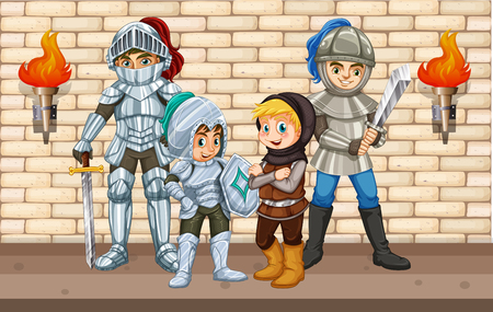 Four knights standing by the wall illustrationのイラスト素材